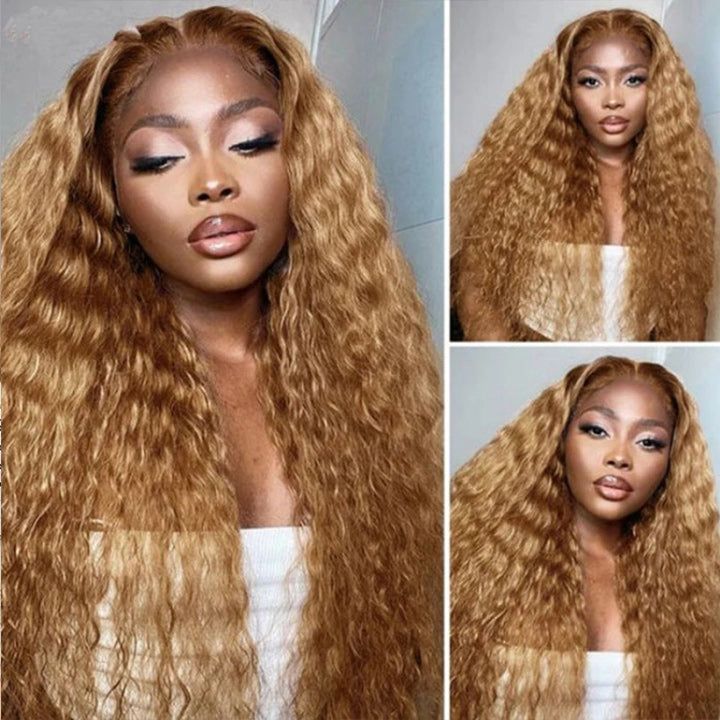 $100 OFF Code: MS100 | Honey Blonde #27 Colored Transparent 4X4 Lace Closure Human Hair Wigs Water Wave Wigs For Women