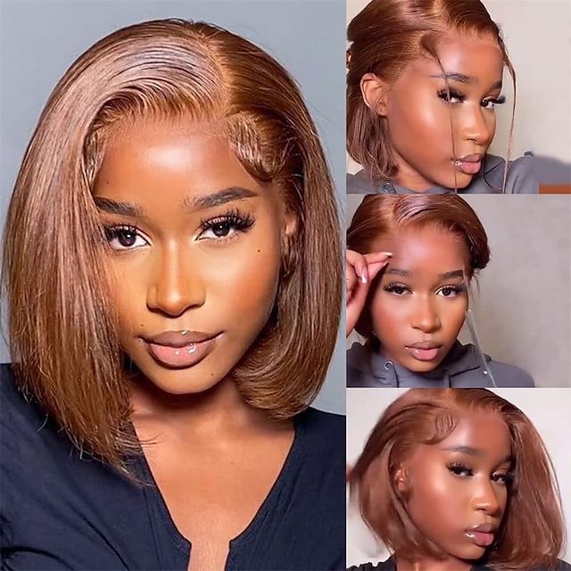GLUELESS BOB WIG SILKY STRAIGHT Chestnut #4 Brown Color 180% Density Bleached Knots