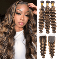 Piano Color #4/27 Deep Wave 3 Bundles With Swiss Lace Closure 12A Grade Brazilian Remy Human Hair