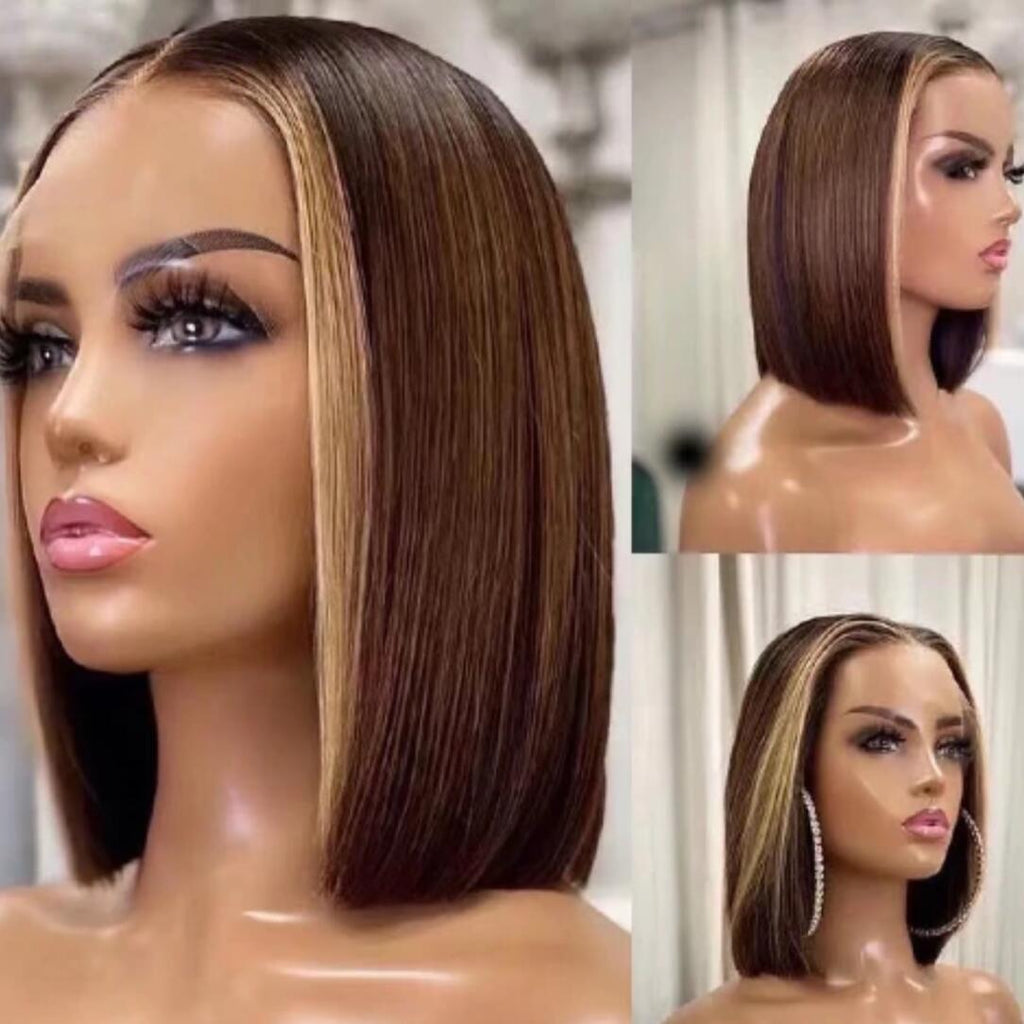 Megalook New Highlight Chocolate Color 13x4 Lace Frontal Wig Short Blunt Cut Bob Human Hair Wigs