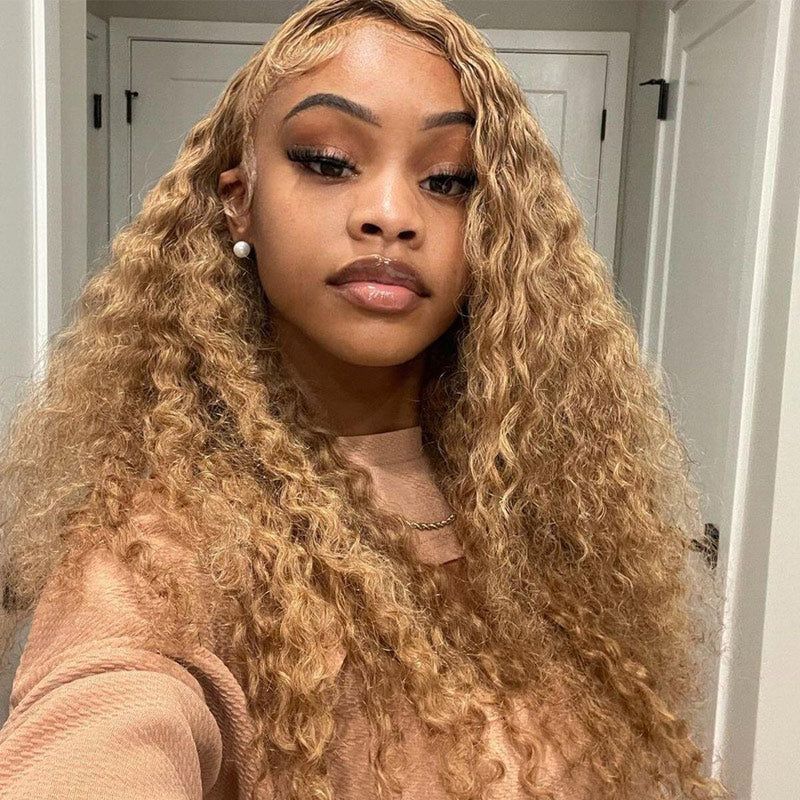 $100 OFF Code: MS100 | Honey Blonde #27 Colored Transparent 4X4 Lace Closure Human Hair Wigs Water Wave Wigs For Women