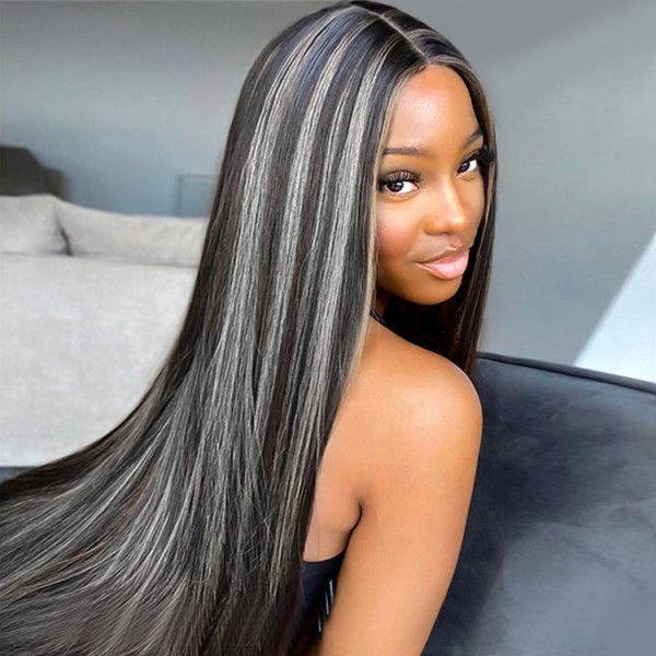 Megalook Platinum Blonde Highlights Straight Human Hair Wigs Long 32inch 13x4 Body Wave /Straight Lace Front Wig Black Wig with #613 Blonde Highlight