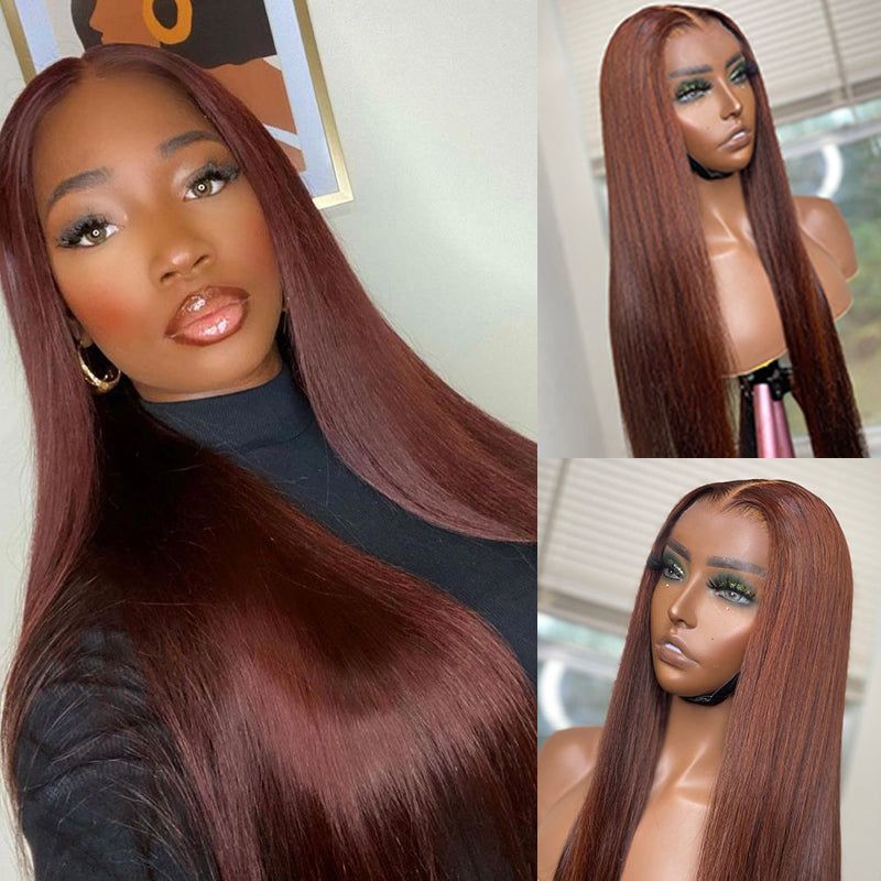 (Super Sale) New #33 Red Brown Auburn Color Straight Human Hair Wig HD Lace 4X4 Lace Wigs