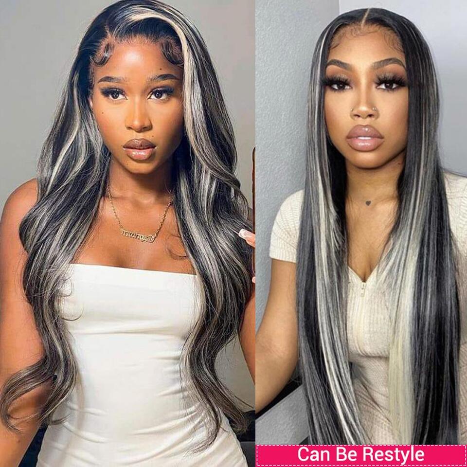 Megalook Platinum Blonde Highlights Straight Human Hair Wigs Long 32inch 13x4 Body Wave /Straight Lace Front Wig Black Wig with #613 Blonde Highlight