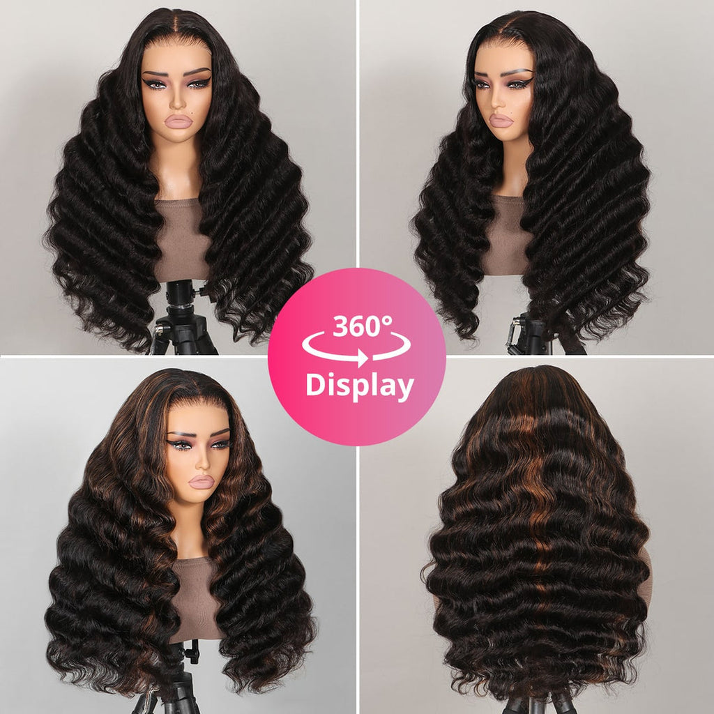 (Super Sale)Megalook 13x4 Lace Front Long Mixed Brown Black 6x5 Pre Cut Wear Go Loose Wave Pre-plucked Glamorous Wigs