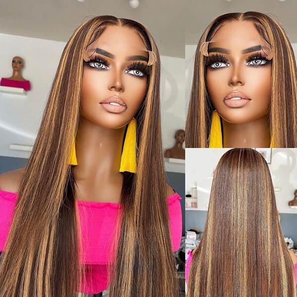 (Super Deal)210% Density Honey Blonde Piano Highlights Transparent Lace Human Hair Wigs Free Part 13x4/5x5 Body Wave Wig