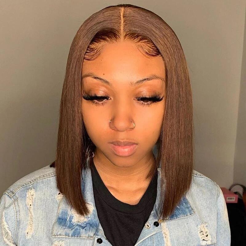 GLUELESS BOB WIG SILKY STRAIGHT Chestnut #4 Brown Color 180% Density Bleached Knots