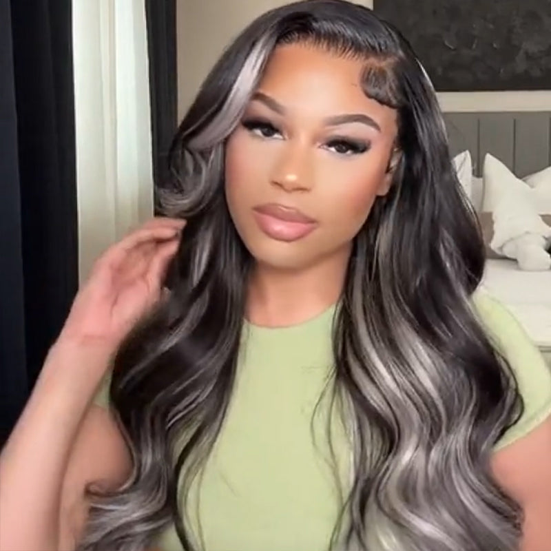 Megalook Platinum Blonde Highlights Straight Human Hair Wigs Long 32inch 13x4 Body Wave /Straight Lace Front Wig Black Wig with #613 Blonde Highlight