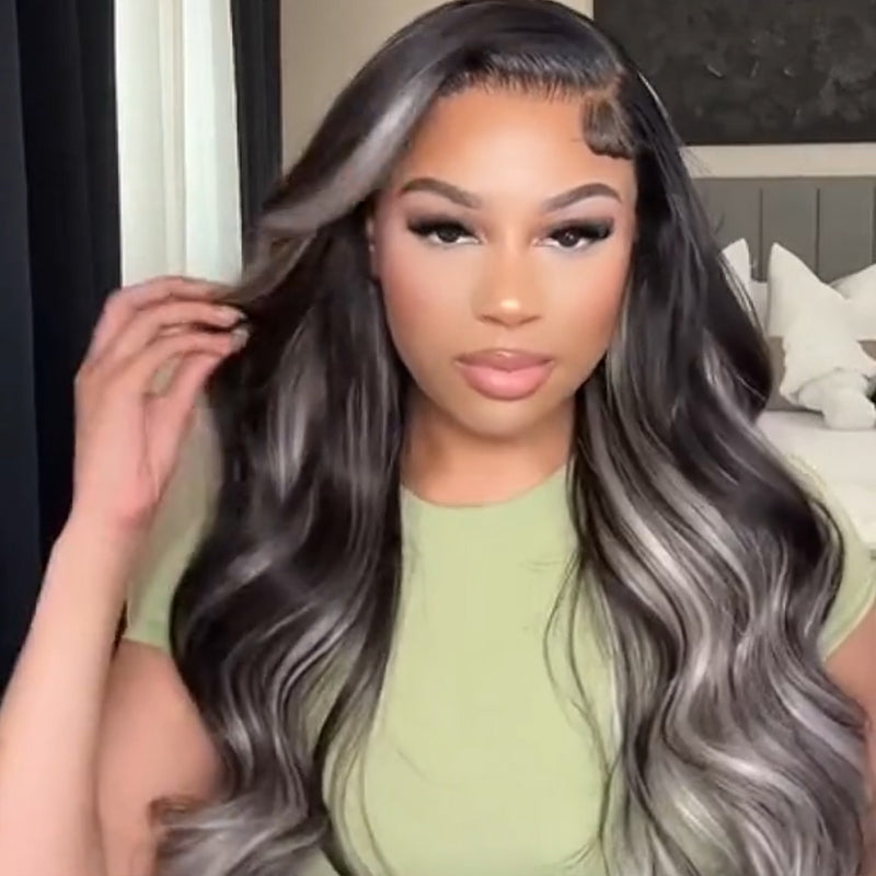 Megalook Platinum Blonde Highlights Straight Human Hair Wigs Long 32inch 13x4 Body Wave /Straight Lace Front Wig Black Wig with #613 Blonde Highlight