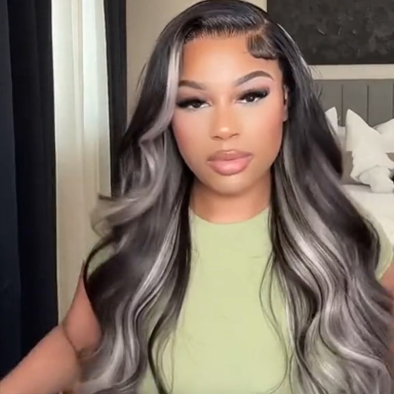 Megalook Platinum Blonde Highlights Straight Human Hair Wigs Long 32inch 13x4 Body Wave /Straight Lace Front Wig Black Wig with #613 Blonde Highlight