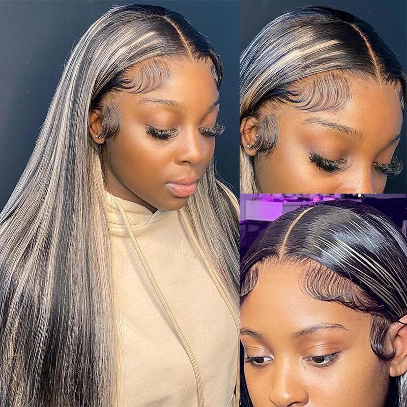 Megalook Platinum Blonde Highlights Straight Human Hair Wigs Long 32inch 13x4 Body Wave /Straight Lace Front Wig Black Wig with #613 Blonde Highlight