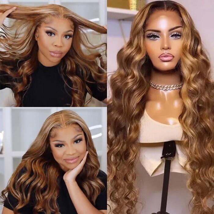 (Super Deal)210% Density Honey Blonde Piano Highlights Transparent Lace Human Hair Wigs Free Part 13x4/5x5 Body Wave Wig