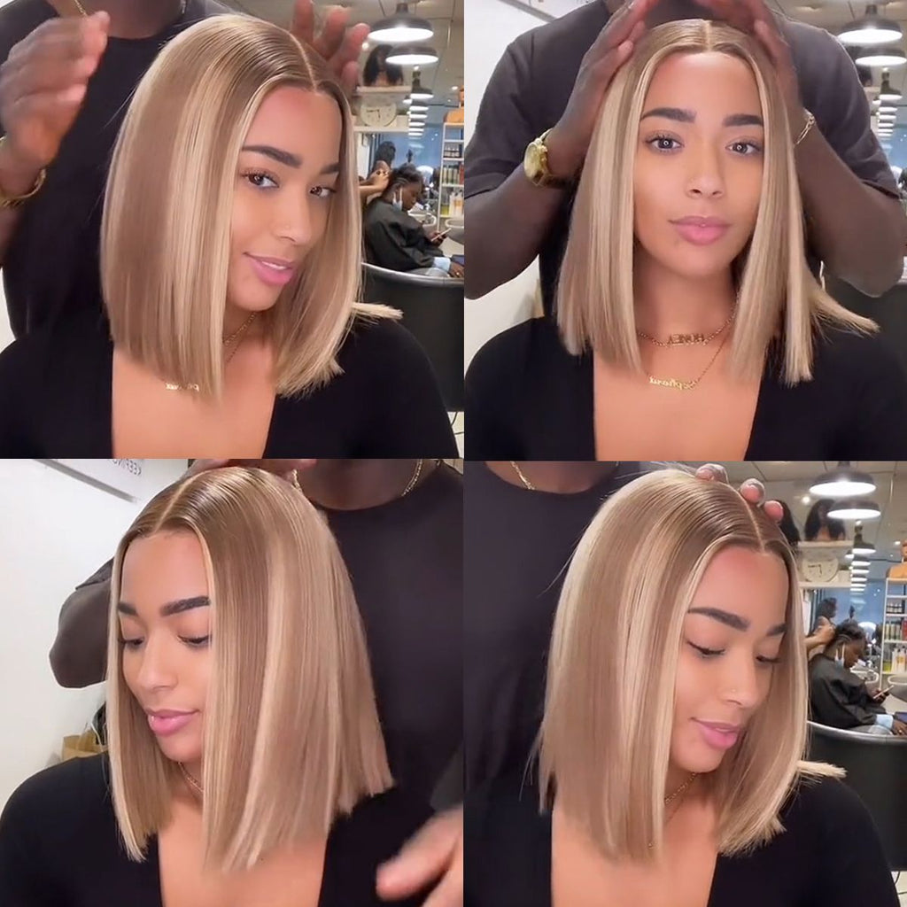 (Super Deal)Light Brown With Blonde Highlight P12/613 13x4 HD Lace Straight/Body Wave Glueless Easy Install 100% Human Wig