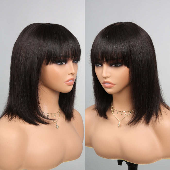 (Super Deal)Easy Wear &Go 3x2 Closure Wigs Straight Bob With Bangs Undetectable Transparent Lace Wig