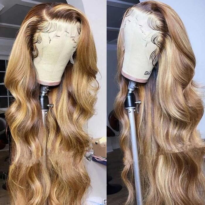 (Super Deal)210% Density Honey Blonde Piano Highlights Transparent Lace Human Hair Wigs Free Part 13x4/5x5 Body Wave Wig