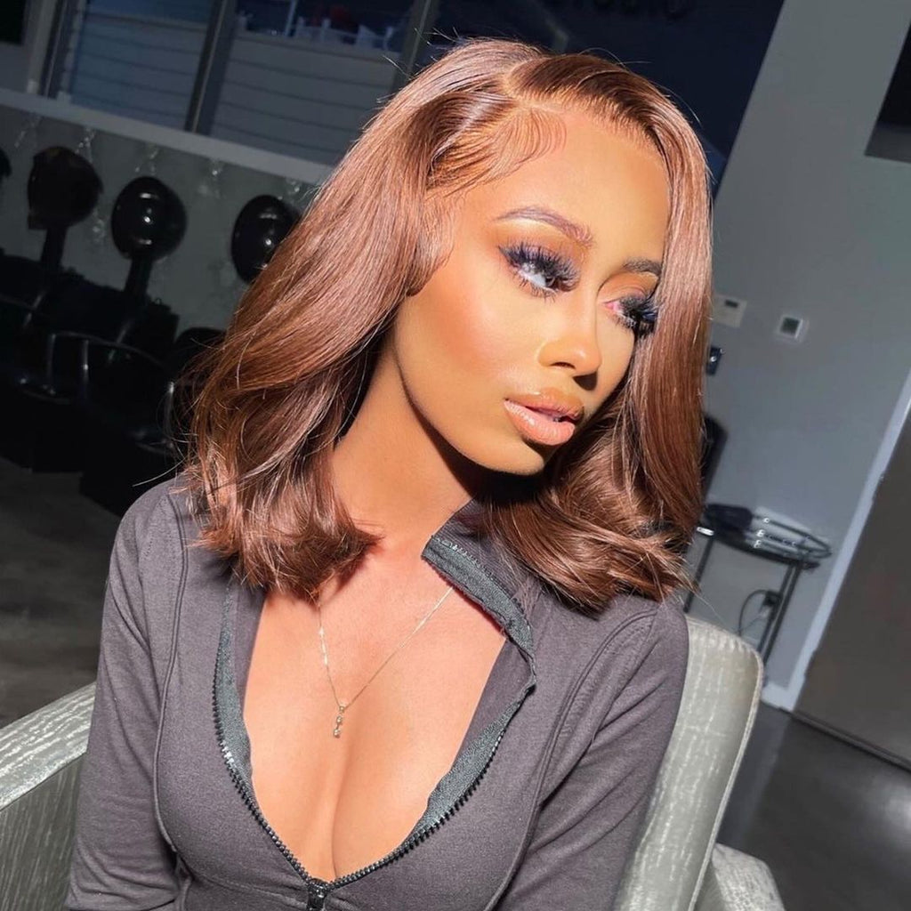 GLUELESS BOB WIG SILKY STRAIGHT Chestnut #4 Brown Color 180% Density Bleached Knots