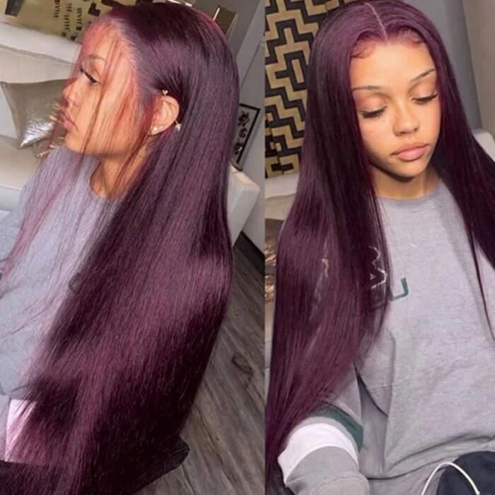 Hot&Pop Trendy Dark Purple Plum Colored 13x4 Lace Front Silky Straight/Body Wave Wig
