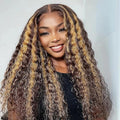 Deep Curly Balayage Highlight Honey Blonde Human Hair Wigs 13x4 Hd Transparent Lace Front Wigs