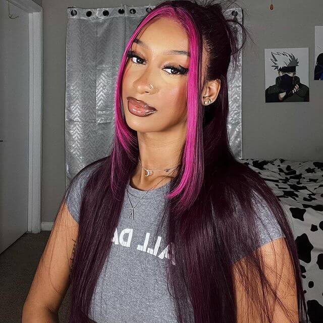 13x4/13x6 Lace Front Side Part Highlight Money Piece Pink Purple Human Hair Wig Hd Transparent Lace Body Wave Wig