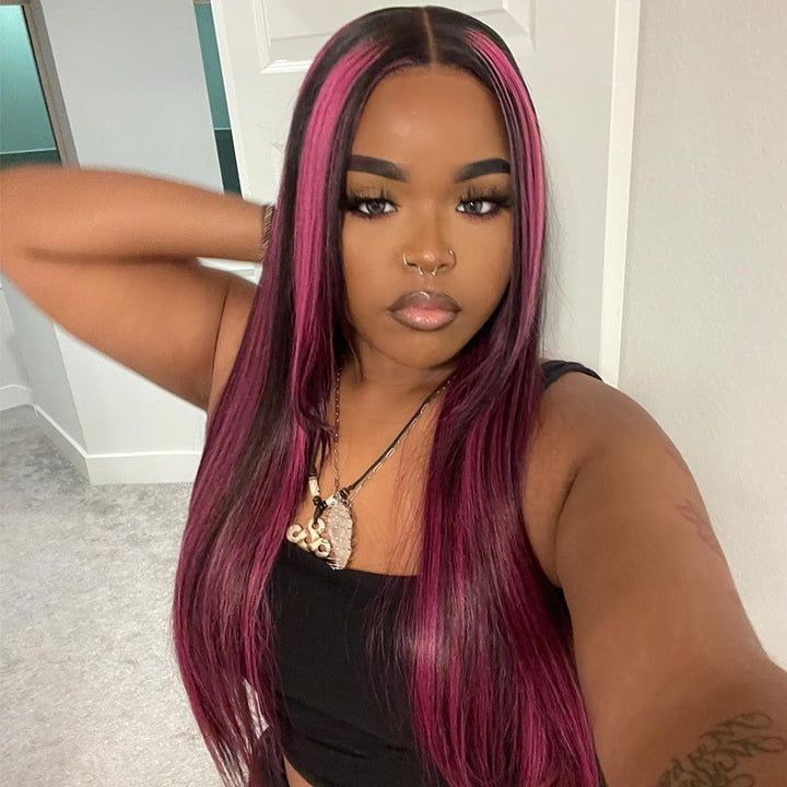 Megalook Bogo Free Transparent 13x4 Lace Front Wig Black Hair With Purple Highlights Straight Human Hair Wigs