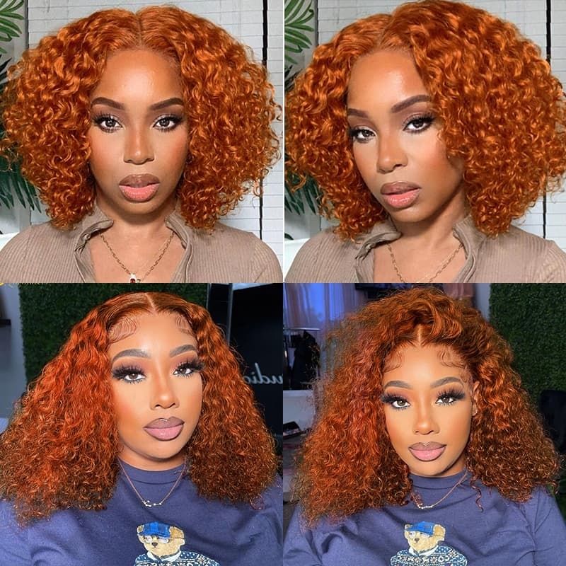 210% Density Thick Short Cut Bob Ginger Orange Color Wig 13x4 Lace Front Deep Curly Human Hair Wig