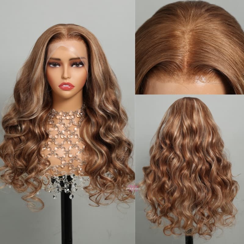$100 OFF Code: MS100 | 5X5 HD Lace Honey Color With Blonde Highlight P12/613 Straight Hair Body Wave Wigs
