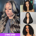 $199=2 Different Style Wig For 24inch 13X4 Balayage Wig Plus Super Silky Double Drawn Straight Or Jerry /Deep Curly Wigs
