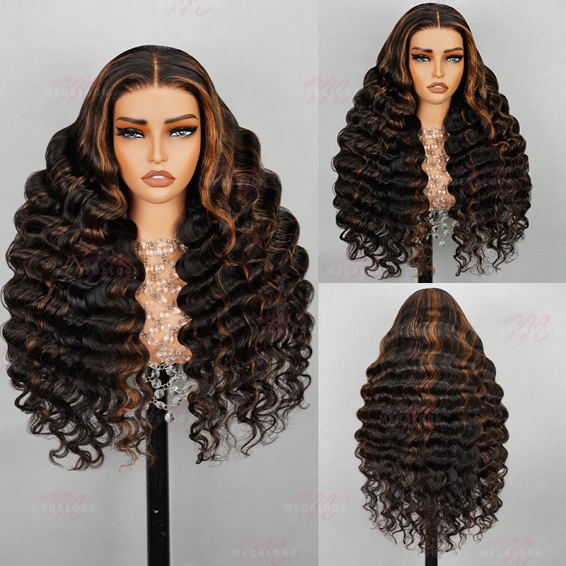 (Super Sale)Megalook 13x4 Lace Front Long Mixed Brown Black 6x5 Pre Cut Wear Go Loose Wave Pre-plucked Glamorous Wigs