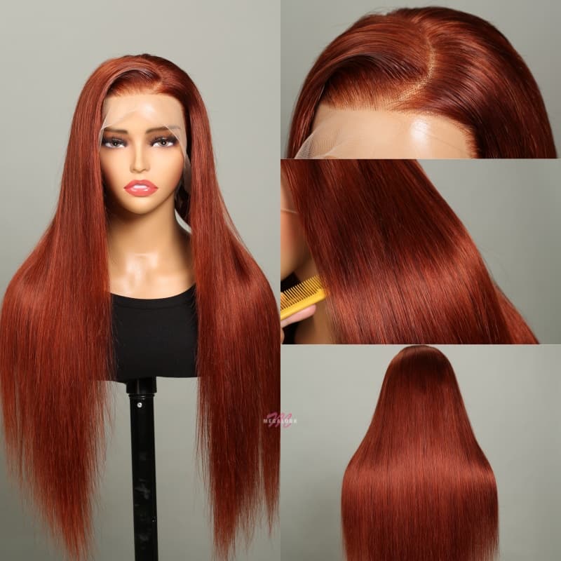 New #33 Red Brown Auburn Color Straight Human Hair Wig HD Lace 4X4/13X4 Lace Frontal Wigs