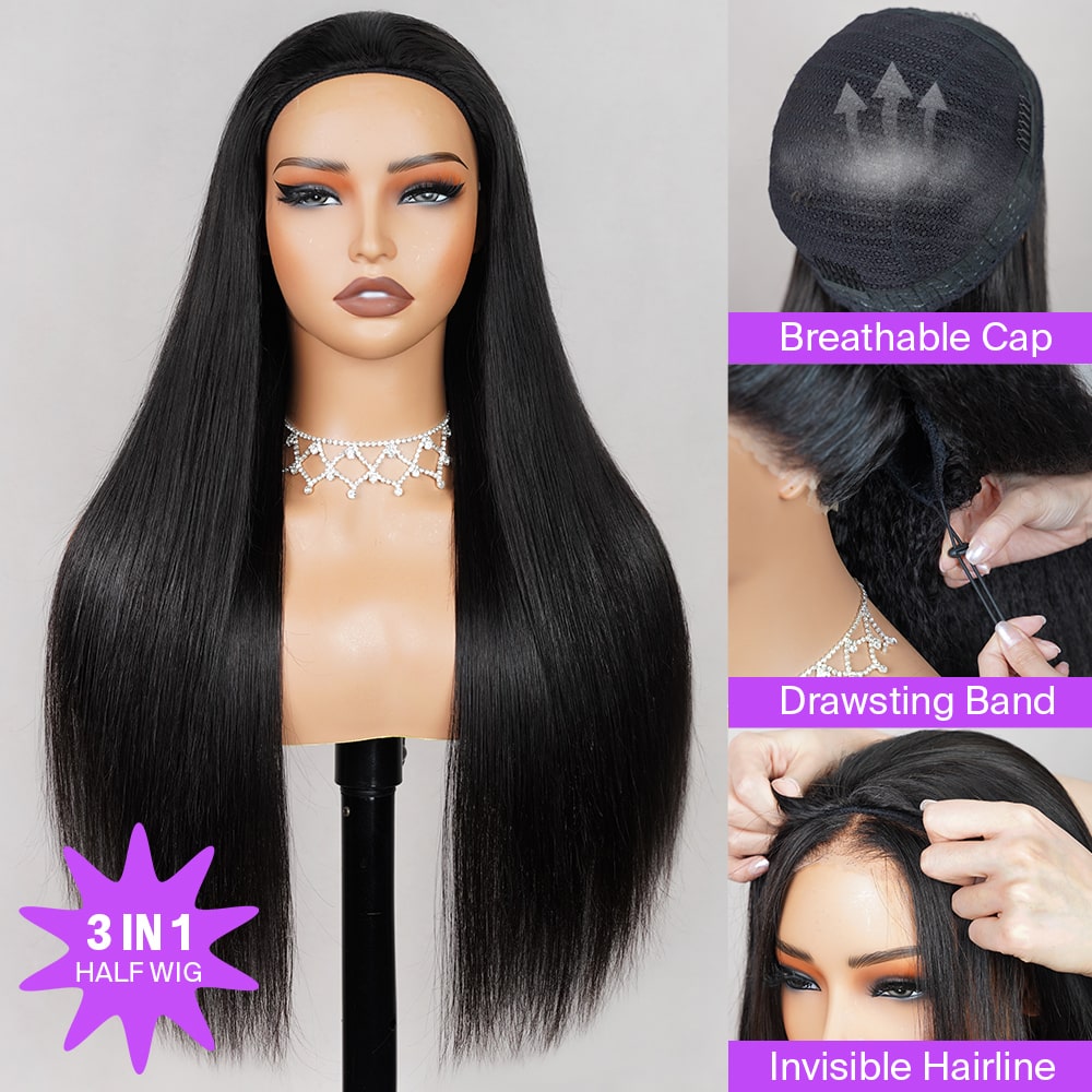 Megalook Silky Straight Human Hair 210% Density Stock Wig 3/4 Half No Glue Beginner Friendly 3 In 1 Wig