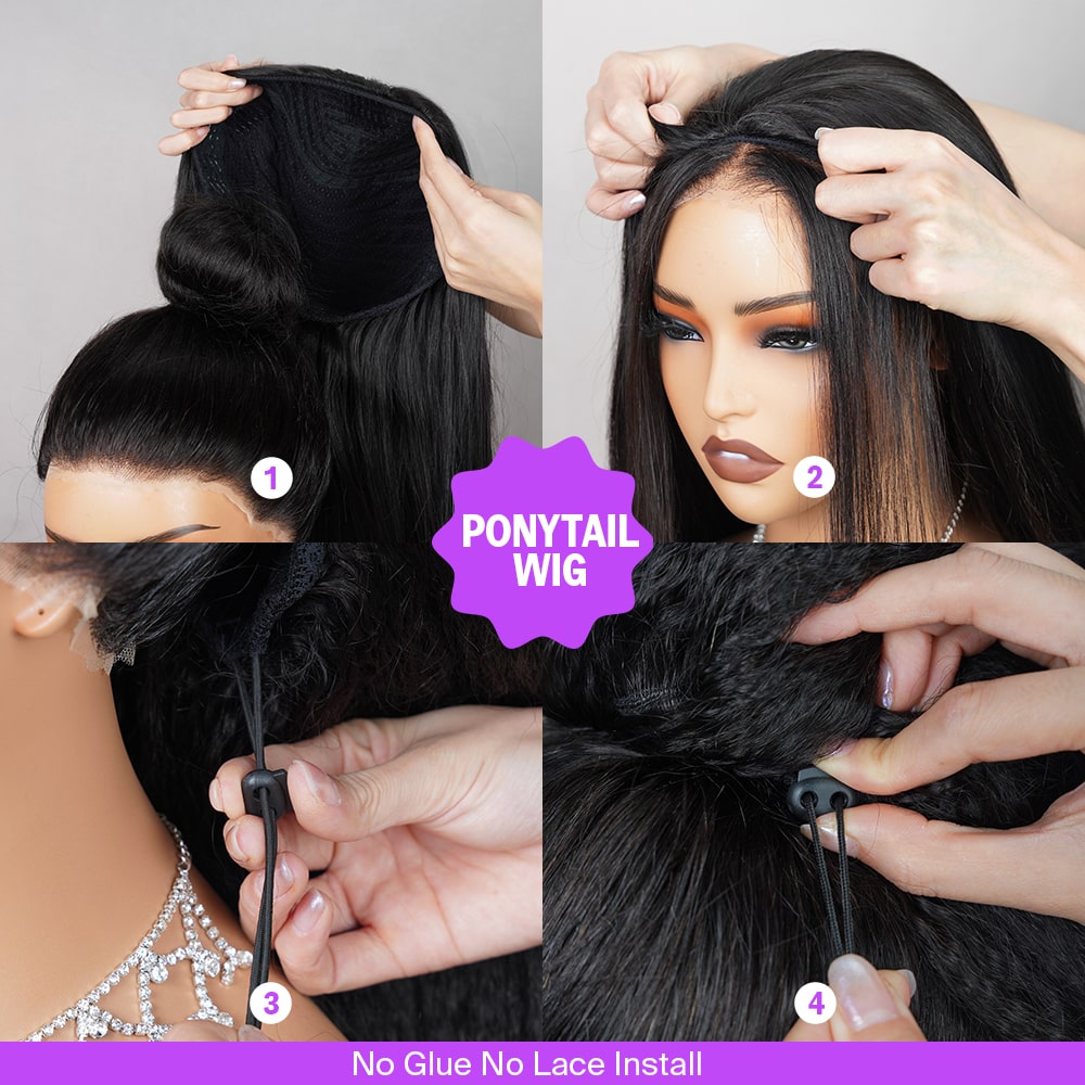 Megalook Silky Straight Human Hair 210% Density Stock Wig 3/4 Half No Glue Beginner Friendly 3 In 1 Wig