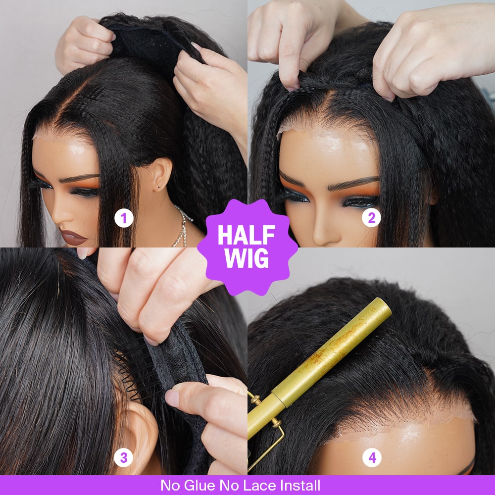 Megalook Yaki Straight Human Hair Wig 210% Density 3/4 Half No Glue Easy To Install Wig