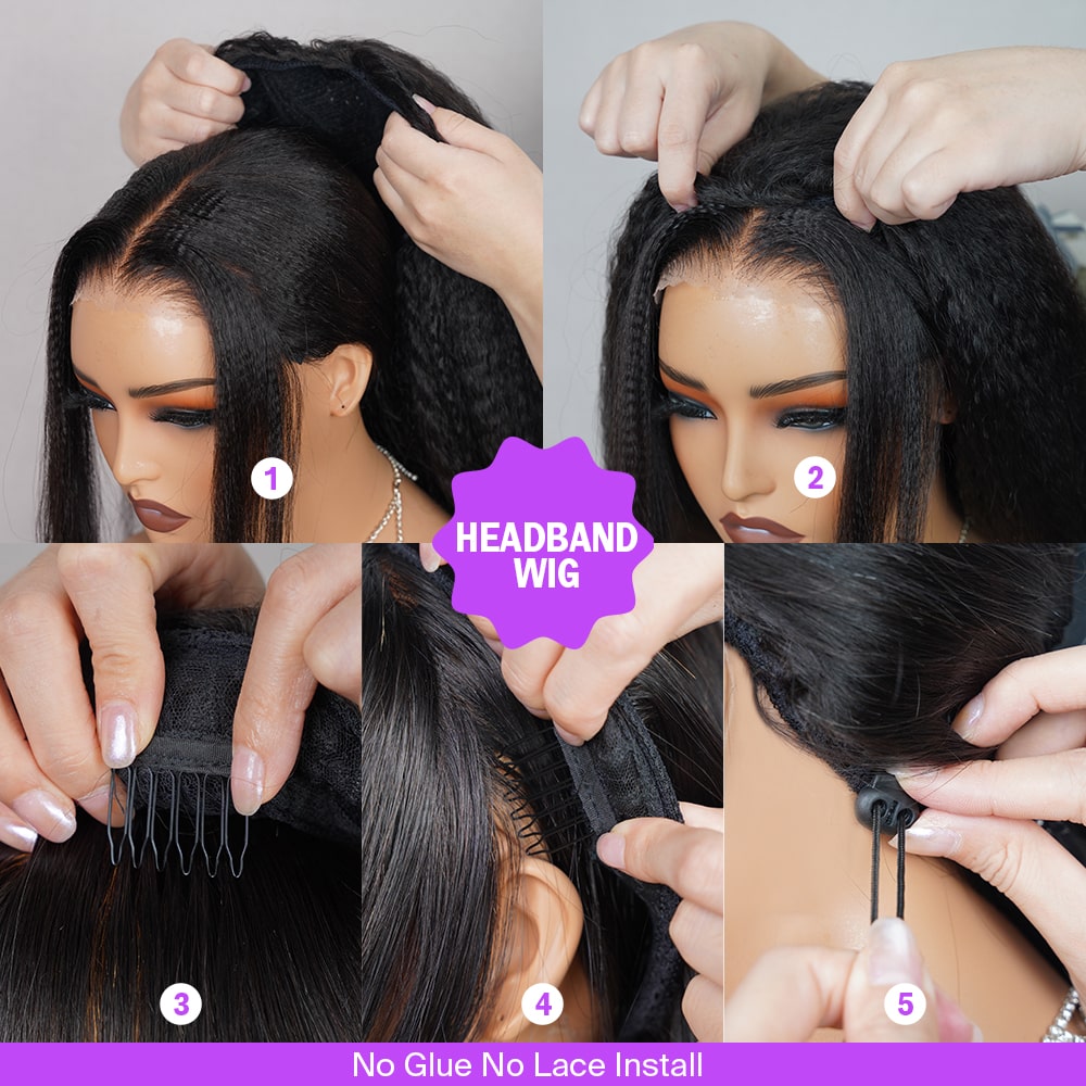 Megalook Yaki Straight Human Hair Wig 210% Density 3/4 Half No Glue Easy To Install Wig