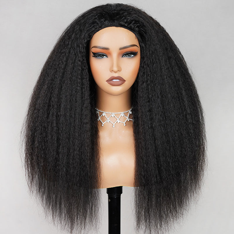 Megalook Yaki Straight Human Hair Wig 210% Density 3/4 Half No Glue Easy To Install Wig