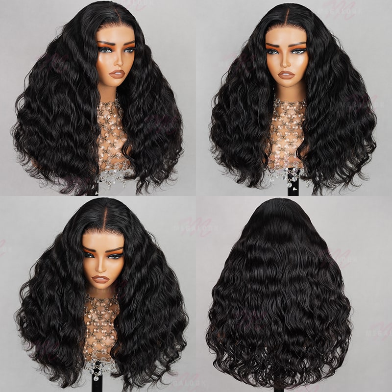 (Super Sale)Megalook Upgrade Salon Quality 6x5 Glueless Lace Pre Bleached Tiny Knots Ocean Wave  Double Drawn Natural Black Hair Wig