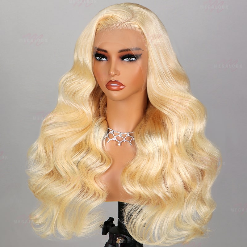 (Super Deal) Megalook 13x4 Transparent Lace Wig  Loose Body Long Length #613 Blonde Pre Plucked Hairline Bleached 3D Human Hair Wig