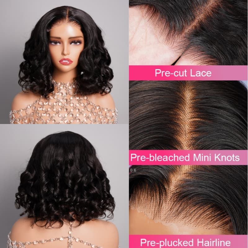 $100 OFF Code: MS100 | Minimalist 6 inch Deep Part Hairline Glueless Lace Short Bob Loose Body Wave Pre Cut Wig