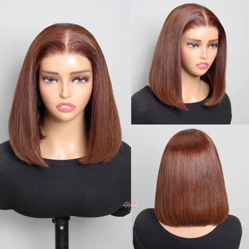 GLUELESS BOB WIG SILKY STRAIGHT Chestnut #4 Brown Color 180% Density Bleached Knots