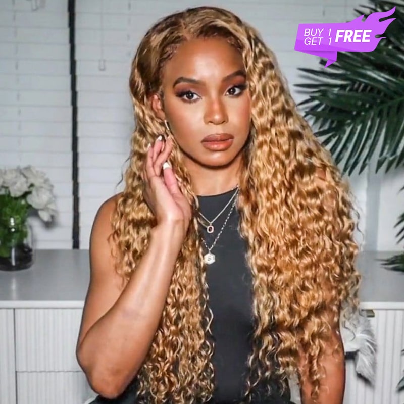 Megalook Bogo Free Super Deal Honey Blonde #27 Colored Transparent 4X4 Lace Closure Human Hair Wigs Water Wave Wigs For Women