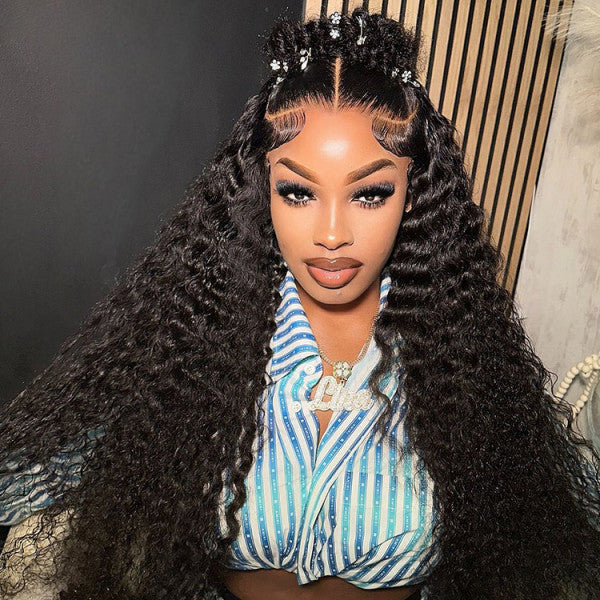 Megalook Halo Braid Blonde Natural Color Deep Wave 13x4 Lace Front Pre-Bleached Human Hair Wig