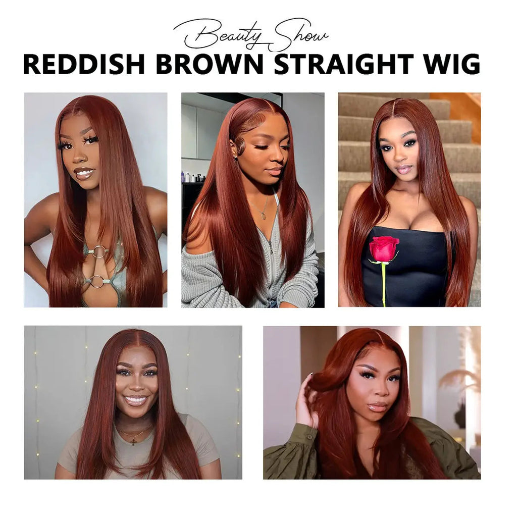 New #33 Red Brown Auburn Color Straight Human Hair Wig HD Lace 4X4/13X4 Lace Frontal Wigs