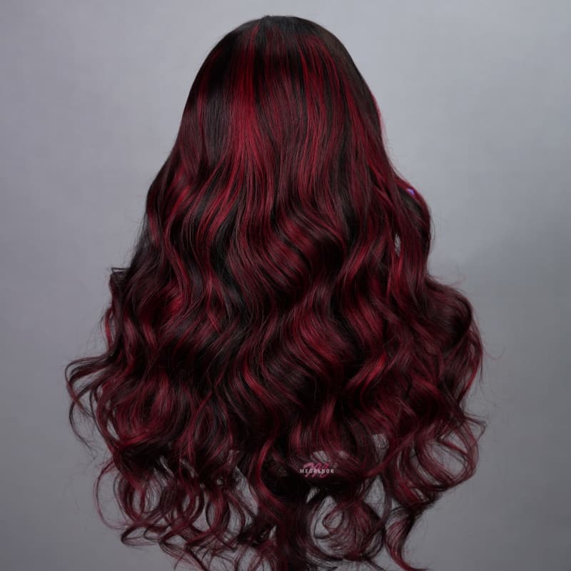 Megalook Bogo Free New Dark Burgundy With Rose Red Highlights 13x4 Lace Front Hand Curls Wig