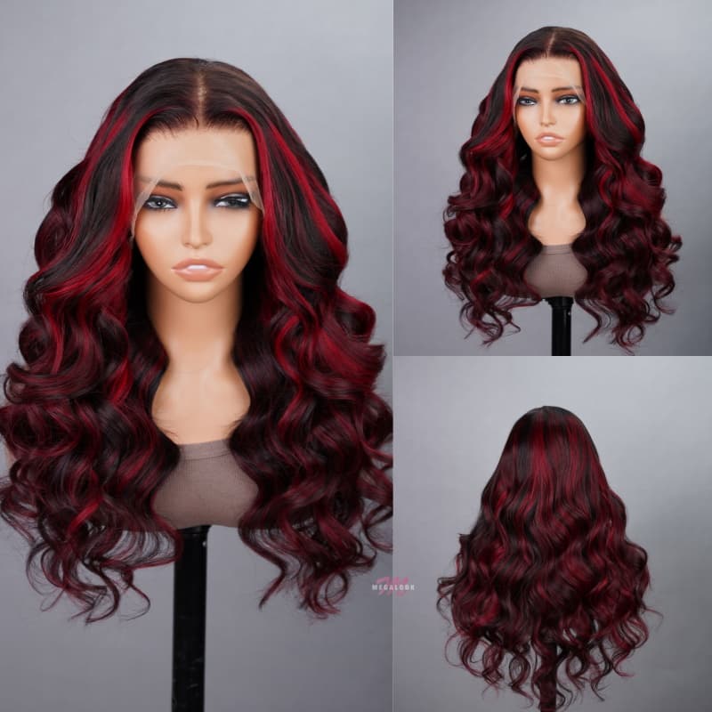 Special offer | 24inch = $145.99 New Dark Burgundy With Rose Red Highlights 13x4 Lace Front Hand Curls Wig