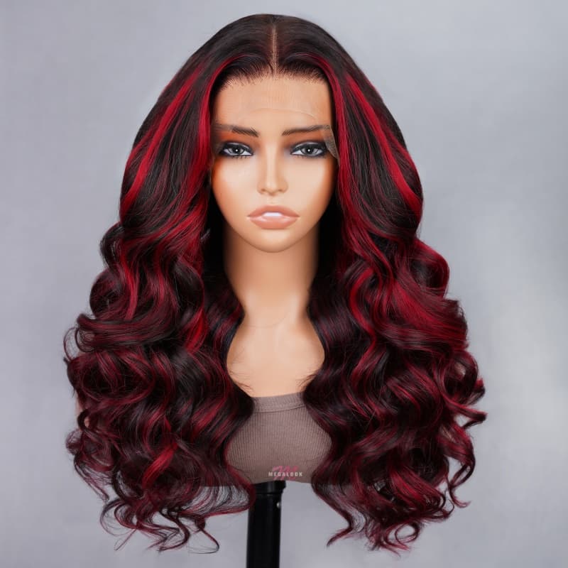 Megalook Bogo Free New Dark Burgundy With Rose Red Highlights 13x4 Lace Front Hand Curls Wig