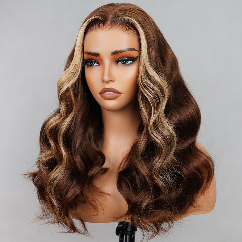 (Super Deal)Megalook Super Double Drawn Money Piece Highlights 4/27 Lace Closure Wigs 18 inch Salon-Quality Luxurious Glueless 6X5 HD Lace Wig Body Wave Wig