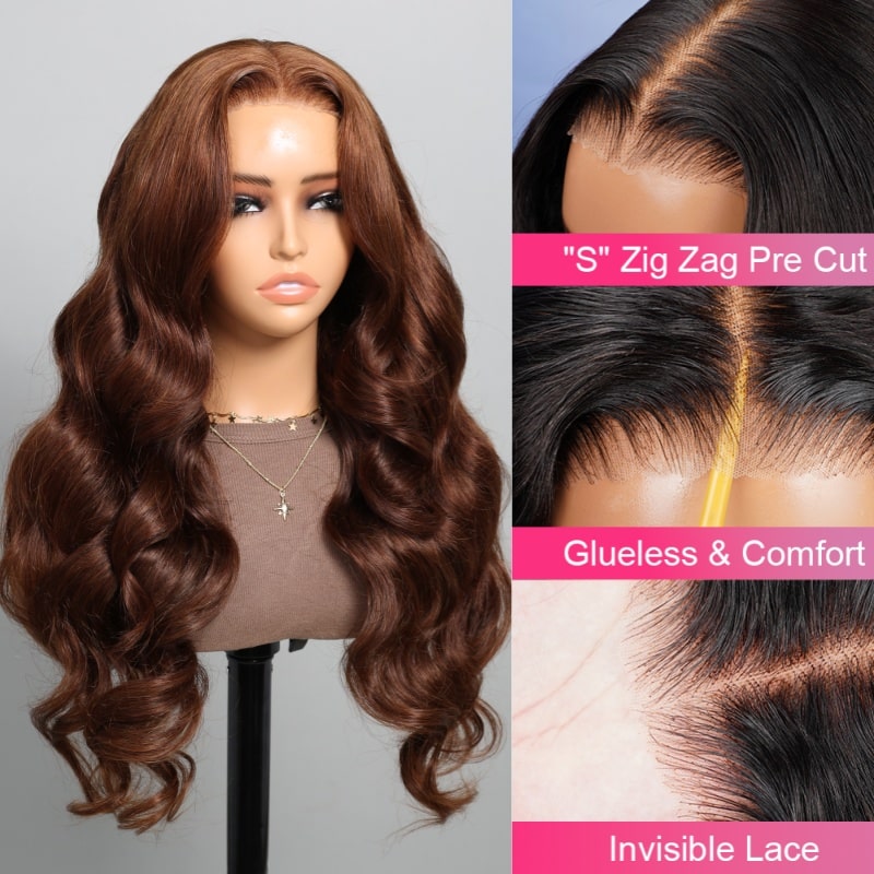 Color #4 Chocolate Brown Loose Body Wave 6x5 HD Lace 3D DOME Cap Wear Go C Part Glueless Mini Knots Pre-plucked  Hair Pre-cut Lace Wig