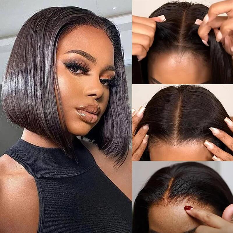 (Super Deal)Glueless 12inch Straight Bob Pre-Bleached Miny Knots 6X5 Wear Go Closure Wigs