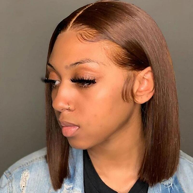 GLUELESS BOB WIG SILKY STRAIGHT Chestnut #4 Brown Color 180% Density Bleached Knots