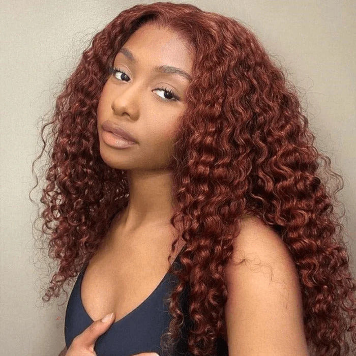 Pre-Cut 13x4/5x6 HD Lace Frontal #33 Reddish Brown Auburn Copper Color Water Wave Breathable Airy Cap Real Glueless Human Wigs