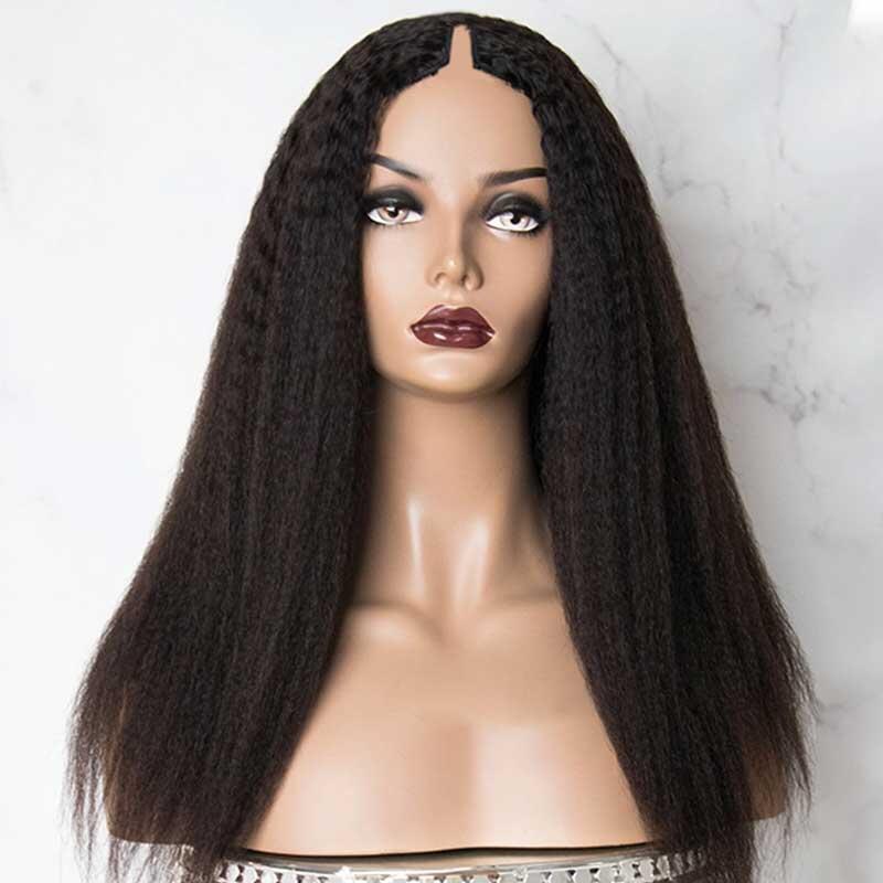 210% Density Thin V Part Wigs Glueless Kinky Straight Human Hair V Part Wig No Leave Out